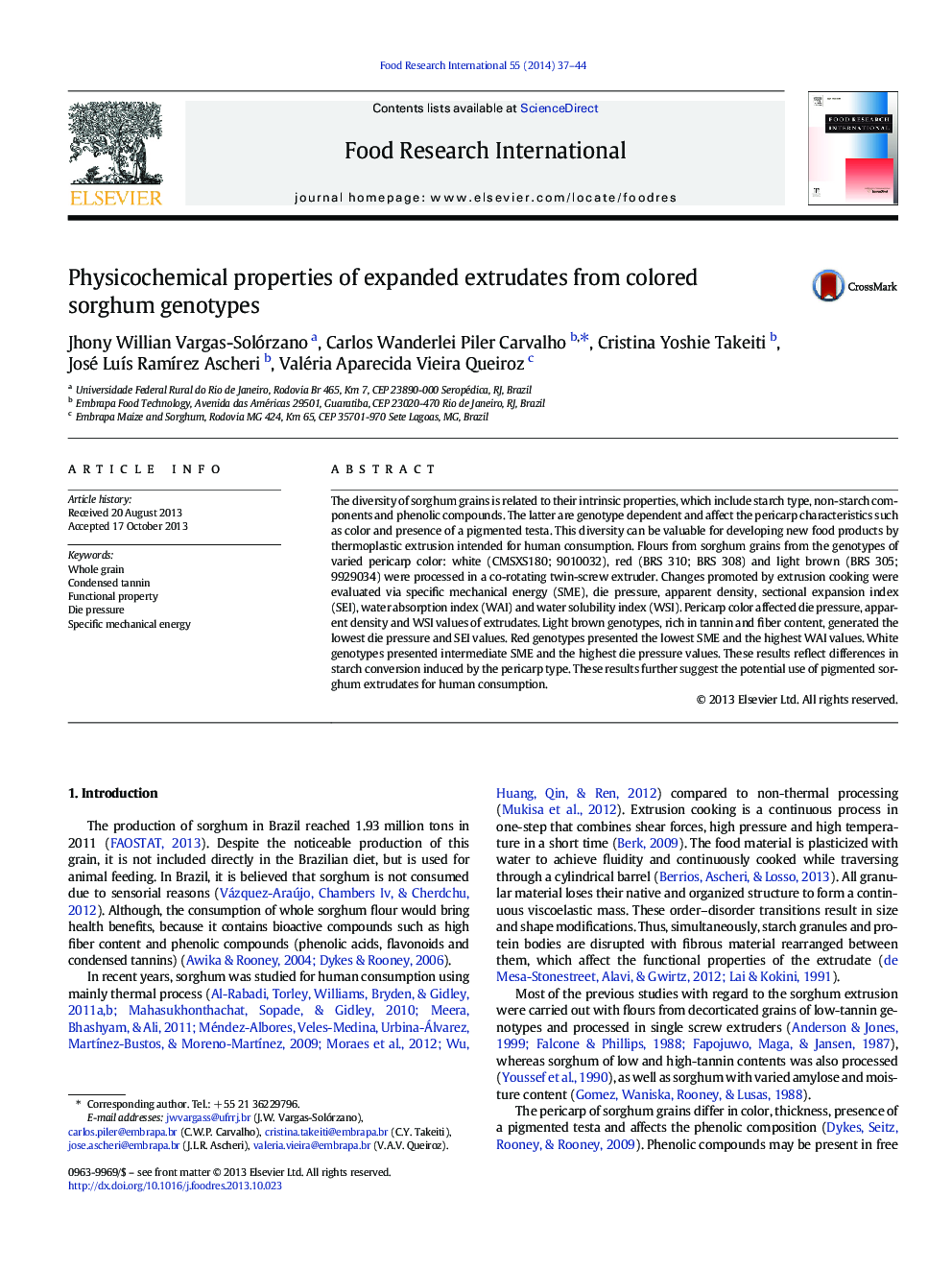 Physicochemical properties of expanded extrudates from colored sorghum genotypes