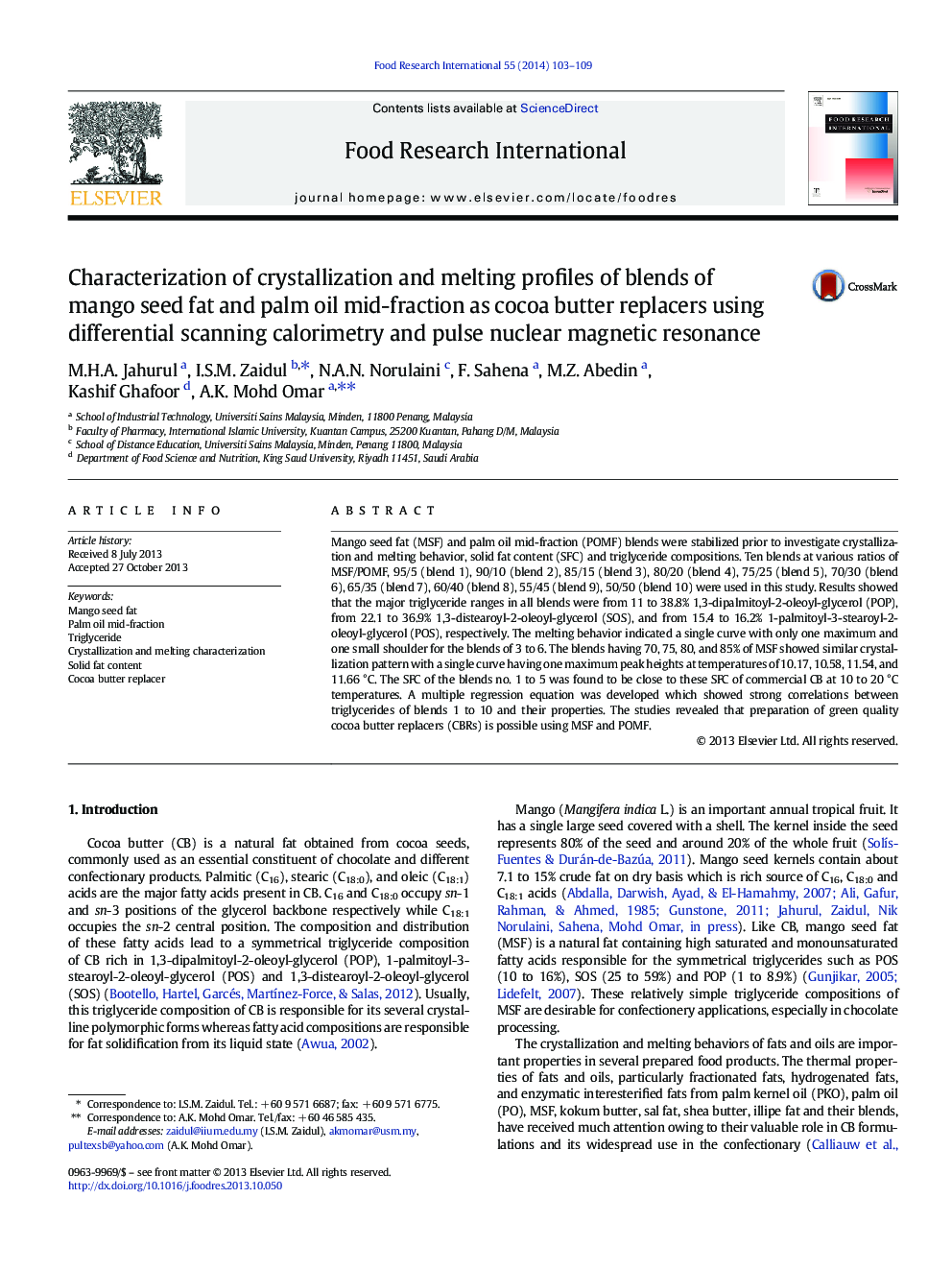 Characterization of crystallization and melting profiles of blends of mango seed fat and palm oil mid-fraction as cocoa butter replacers using differential scanning calorimetry and pulse nuclear magnetic resonance