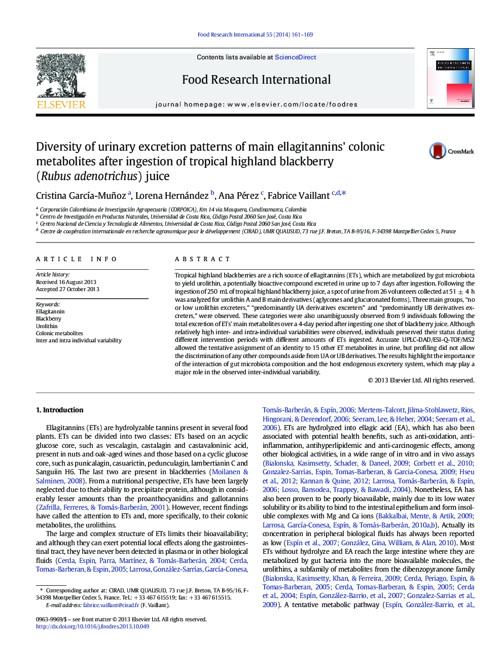 Diversity of urinary excretion patterns of main ellagitannins' colonic metabolites after ingestion of tropical highland blackberry (Rubus adenotrichus) juice