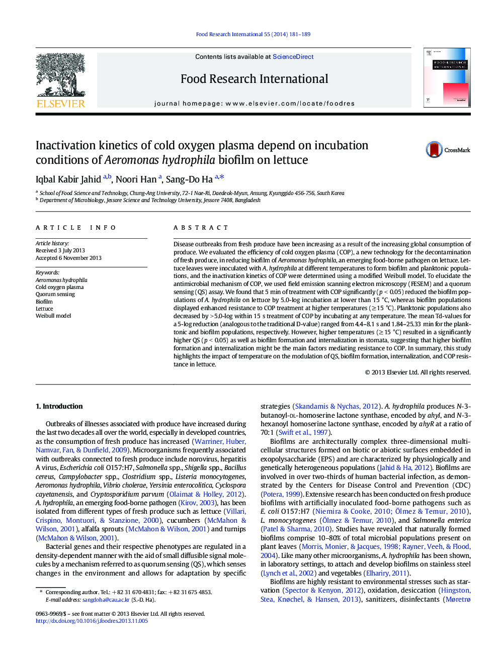 Inactivation kinetics of cold oxygen plasma depend on incubation conditions of Aeromonas hydrophila biofilm on lettuce