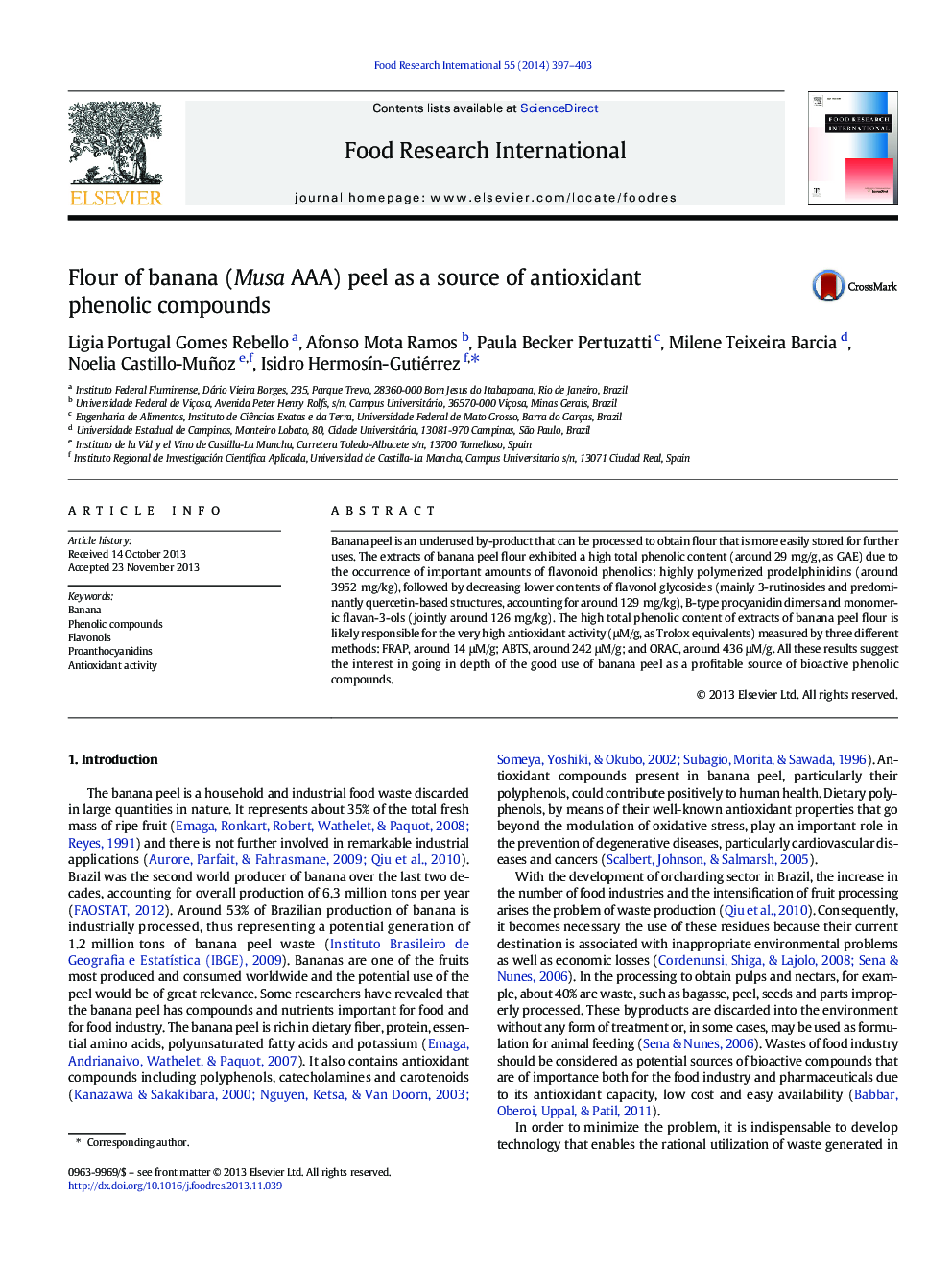 Flour of banana (Musa AAA) peel as a source of antioxidant phenolic compounds