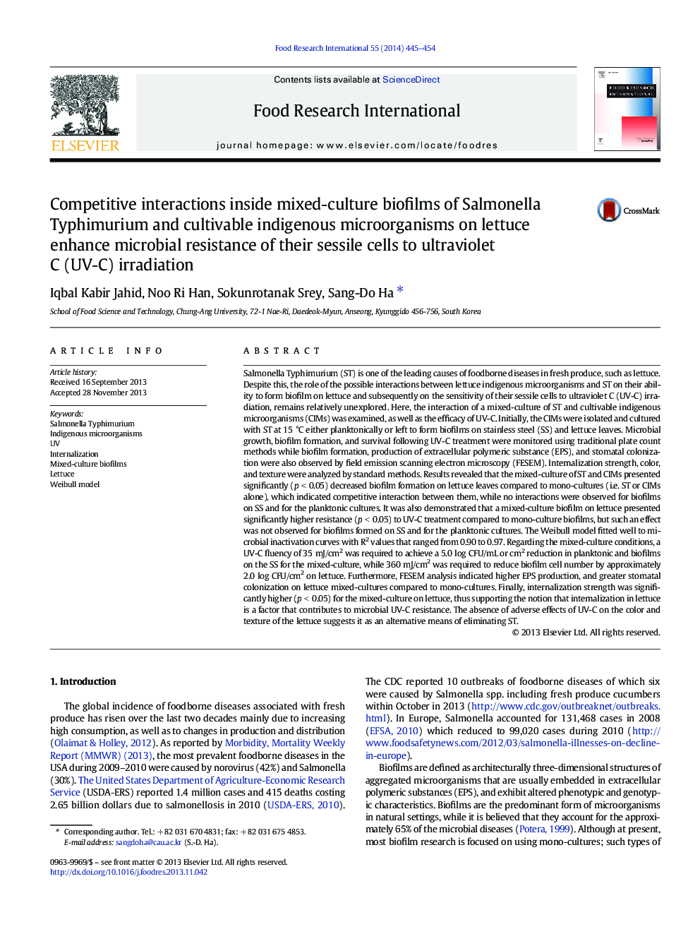 Competitive interactions inside mixed-culture biofilms of Salmonella Typhimurium and cultivable indigenous microorganisms on lettuce enhance microbial resistance of their sessile cells to ultraviolet C (UV-C) irradiation