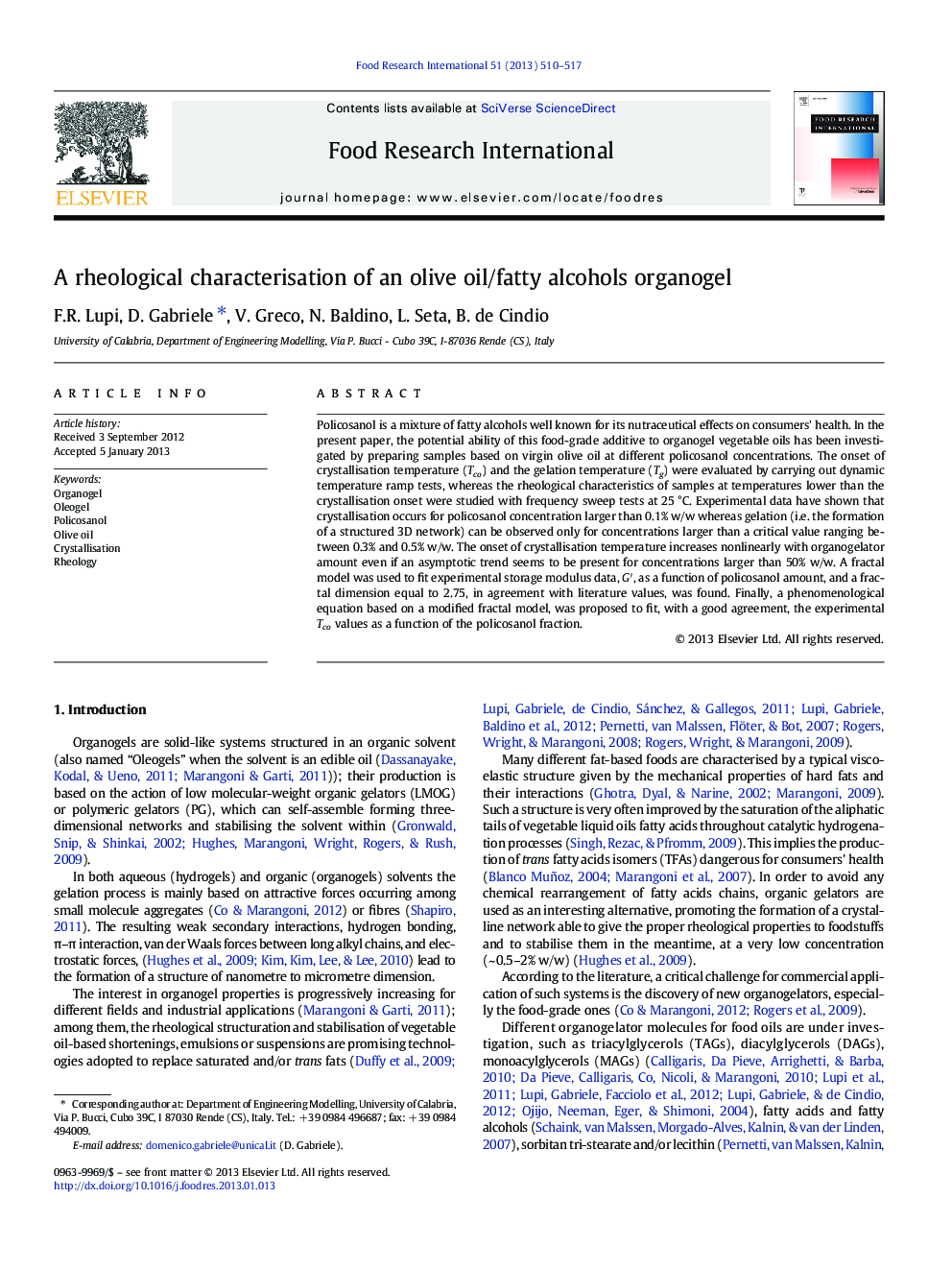 A rheological characterisation of an olive oil/fatty alcohols organogel