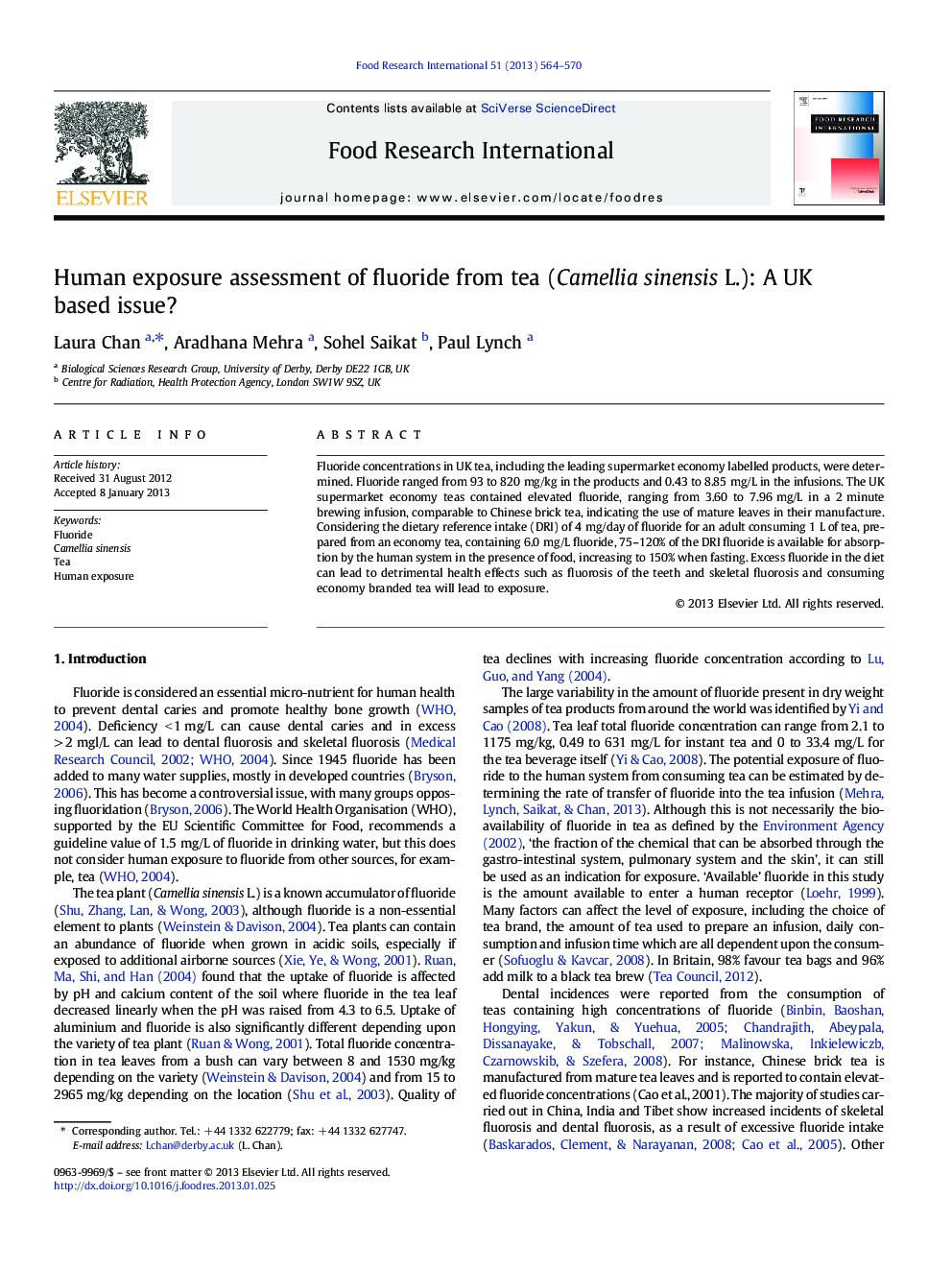 Human exposure assessment of fluoride from tea (Camellia sinensis L.): A UK based issue?