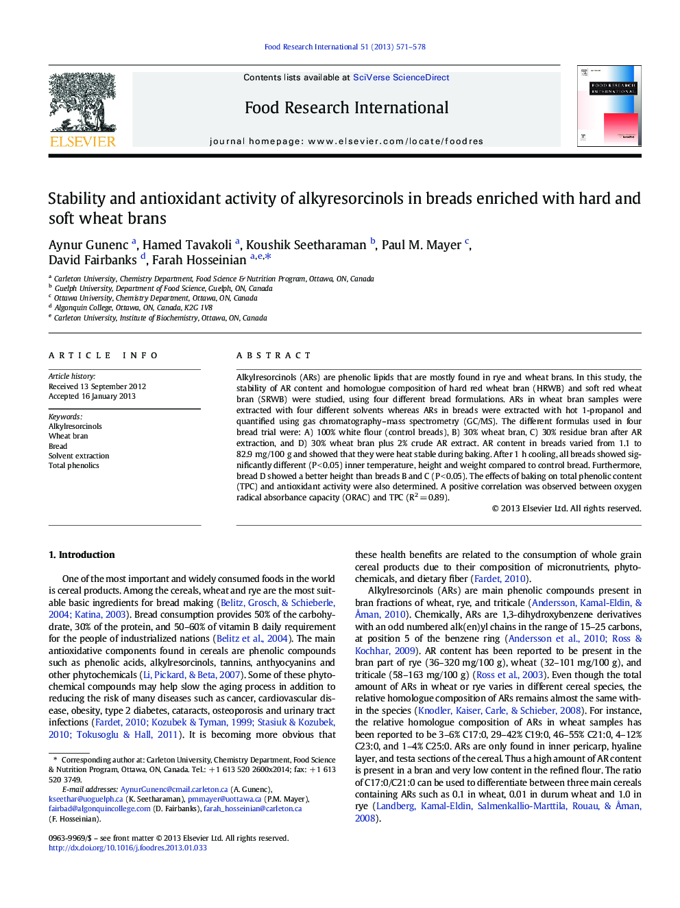 Stability and antioxidant activity of alkyresorcinols in breads enriched with hard and soft wheat brans
