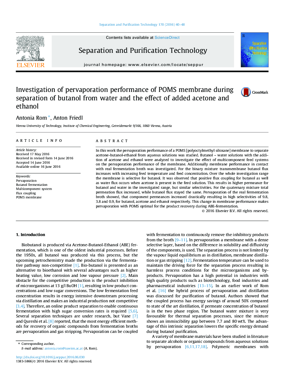 Investigation of pervaporation performance of POMS membrane during separation of butanol from water and the effect of added acetone and ethanol