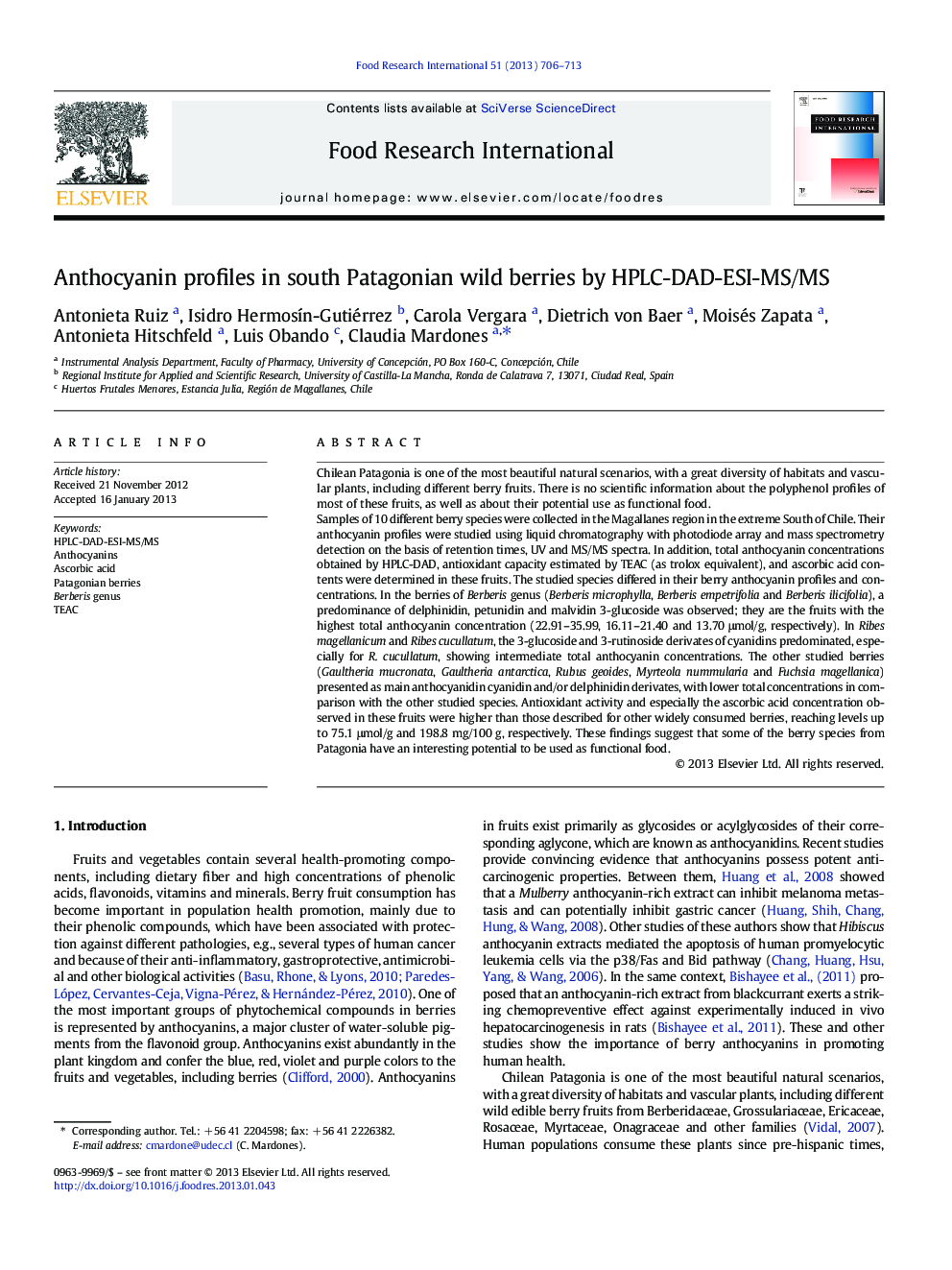 Anthocyanin profiles in south Patagonian wild berries by HPLC-DAD-ESI-MS/MS