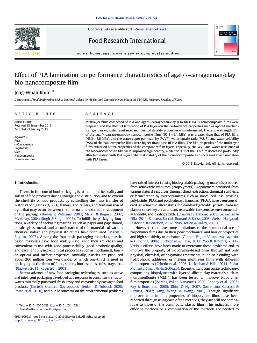 Effect of PLA lamination on performance characteristics of agar/Îº-carrageenan/clay bio-nanocomposite film