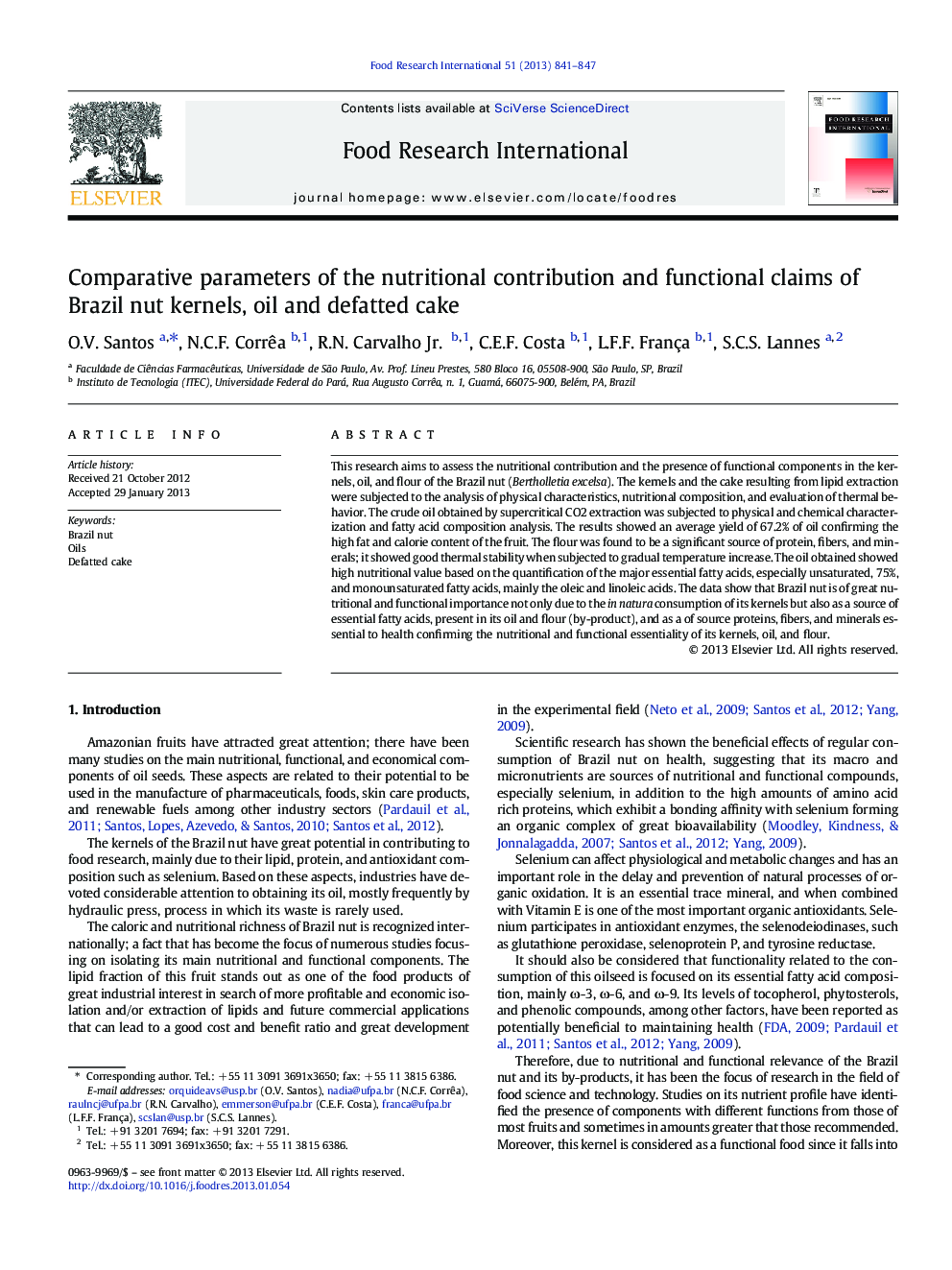 Comparative parameters of the nutritional contribution and functional claims of Brazil nut kernels, oil and defatted cake