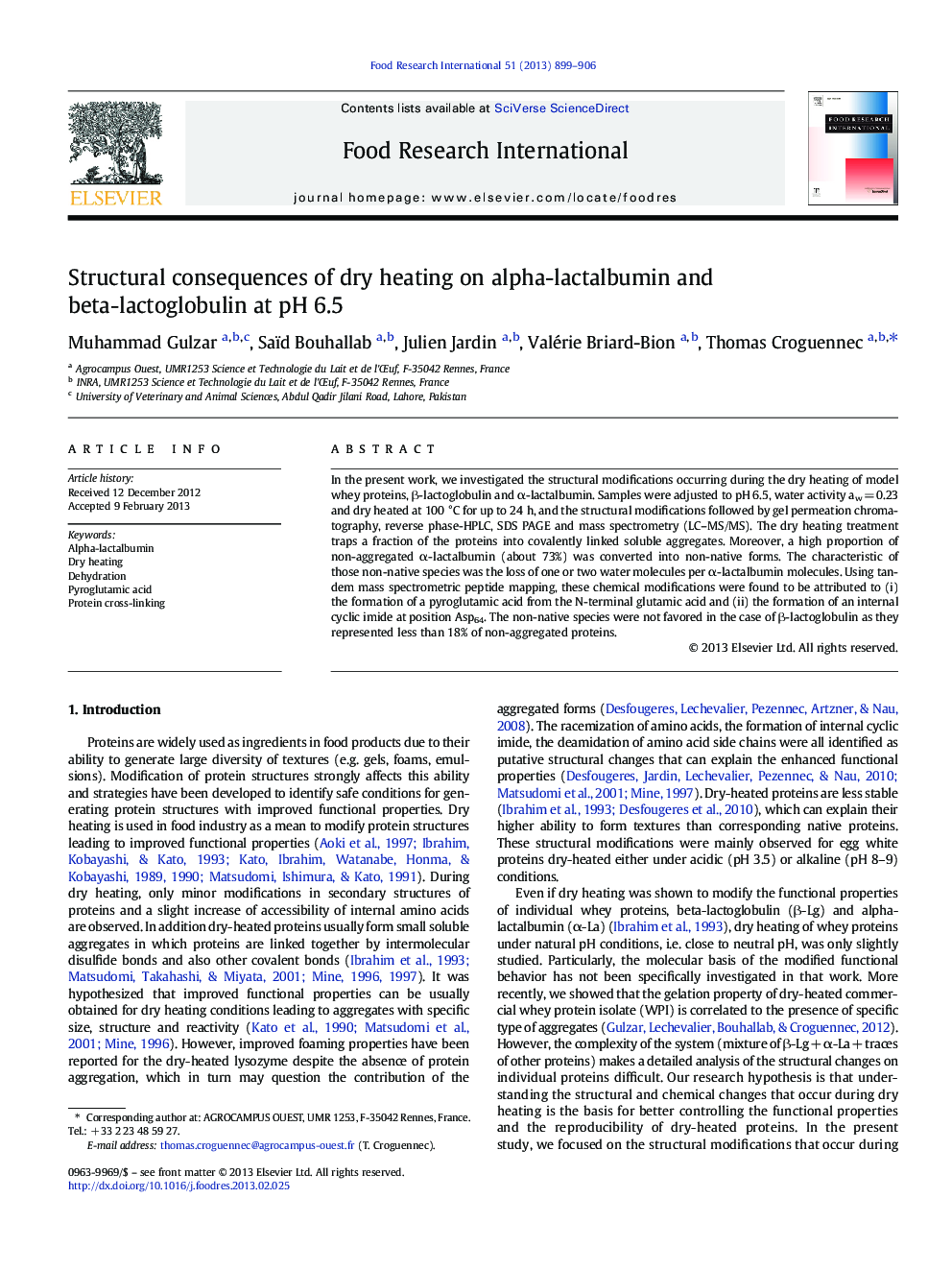 Structural consequences of dry heating on alpha-lactalbumin and beta-lactoglobulin at pH 6.5