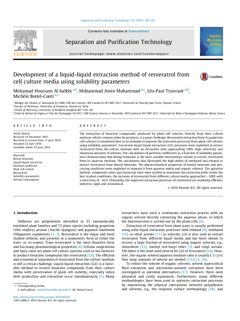 Development of a liquid-liquid extraction method of resveratrol from cell culture media using solubility parameters