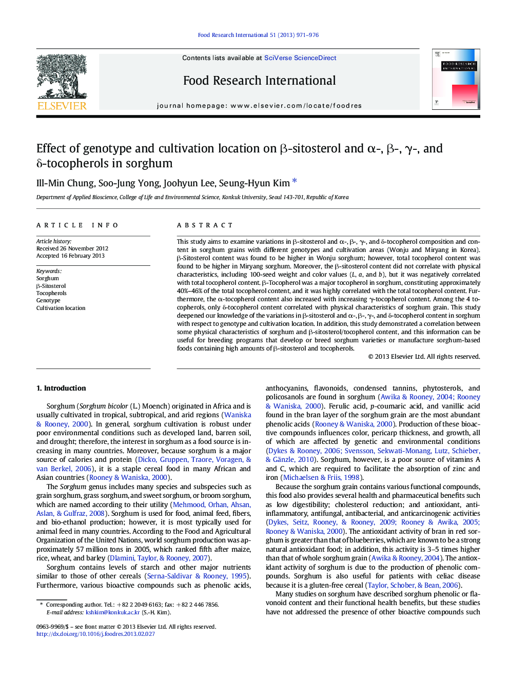 Effect of genotype and cultivation location on Î²-sitosterol and Î±-, Î²-, Î³-, and Î´-tocopherols in sorghum