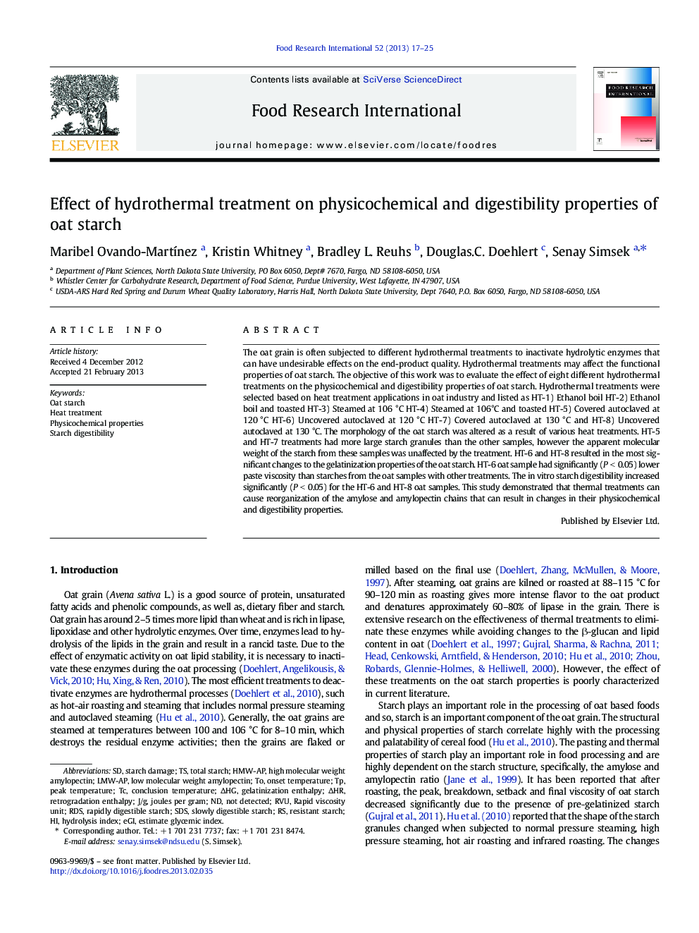 Effect of hydrothermal treatment on physicochemical and digestibility properties of oat starch