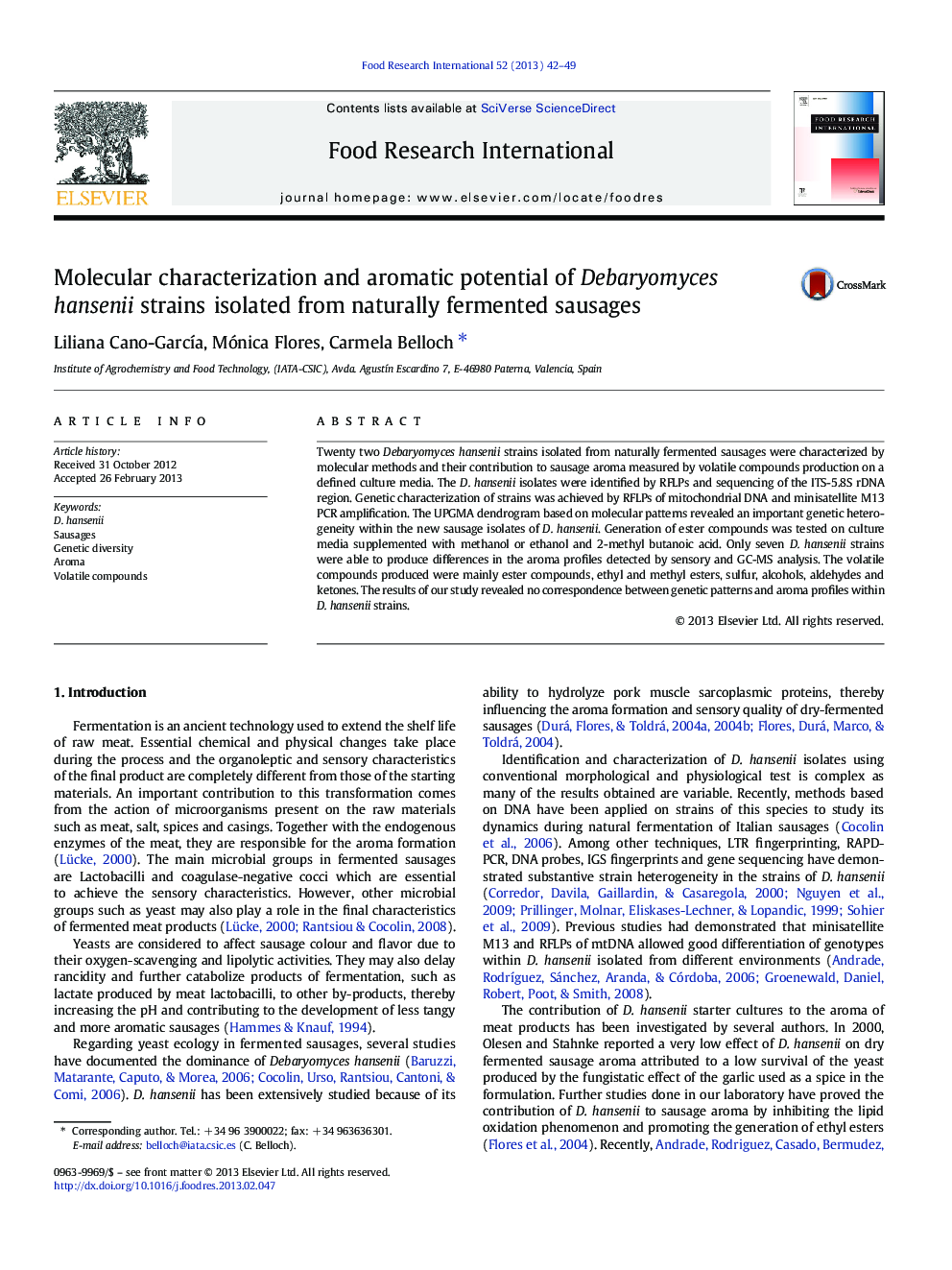 Molecular characterization and aromatic potential of Debaryomyces hansenii strains isolated from naturally fermented sausages