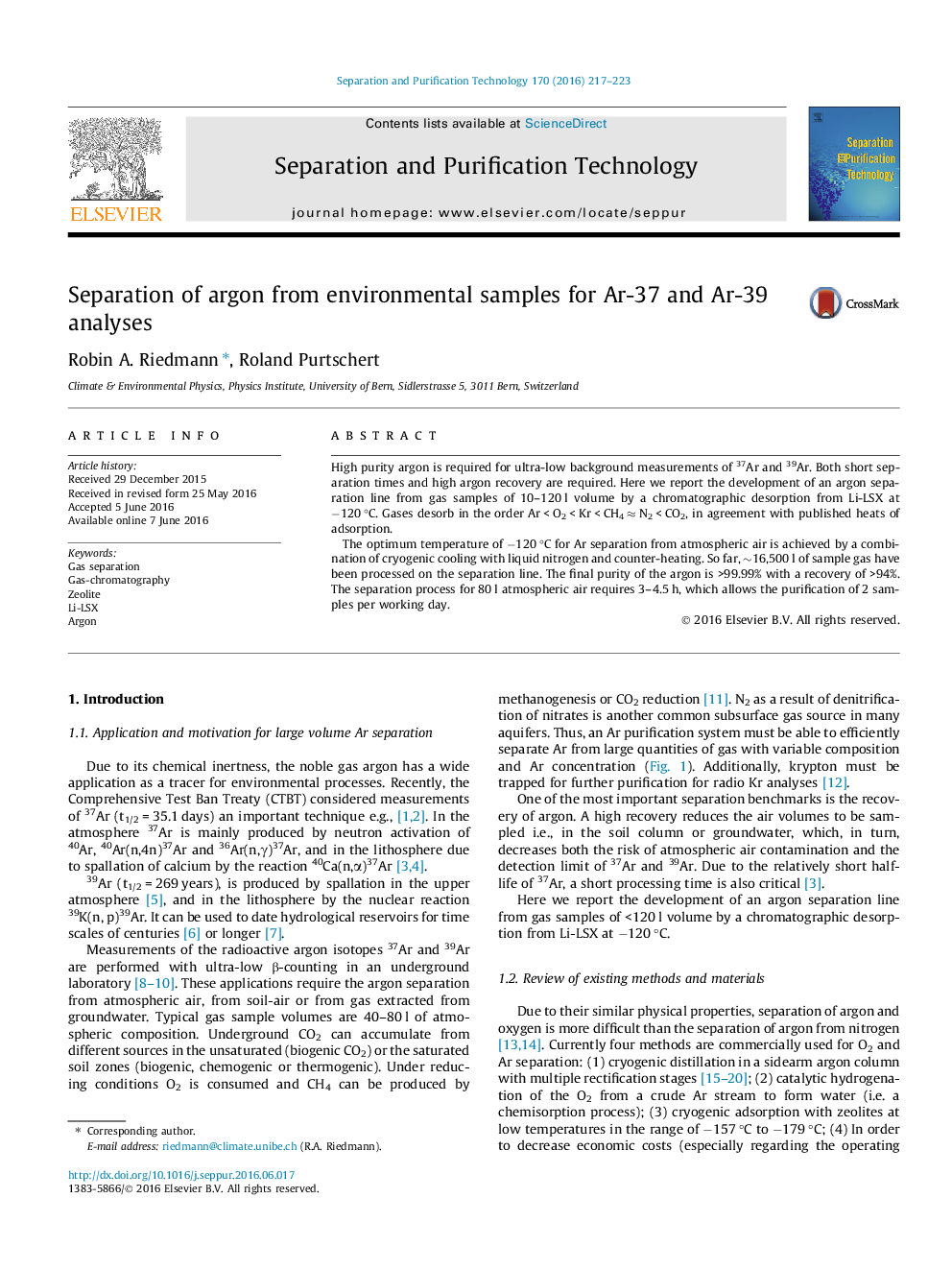 Separation of argon from environmental samples for Ar-37 and Ar-39 analyses