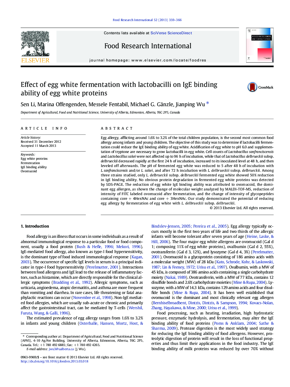 Effect of egg white fermentation with lactobacilli on IgE binding ability of egg white proteins