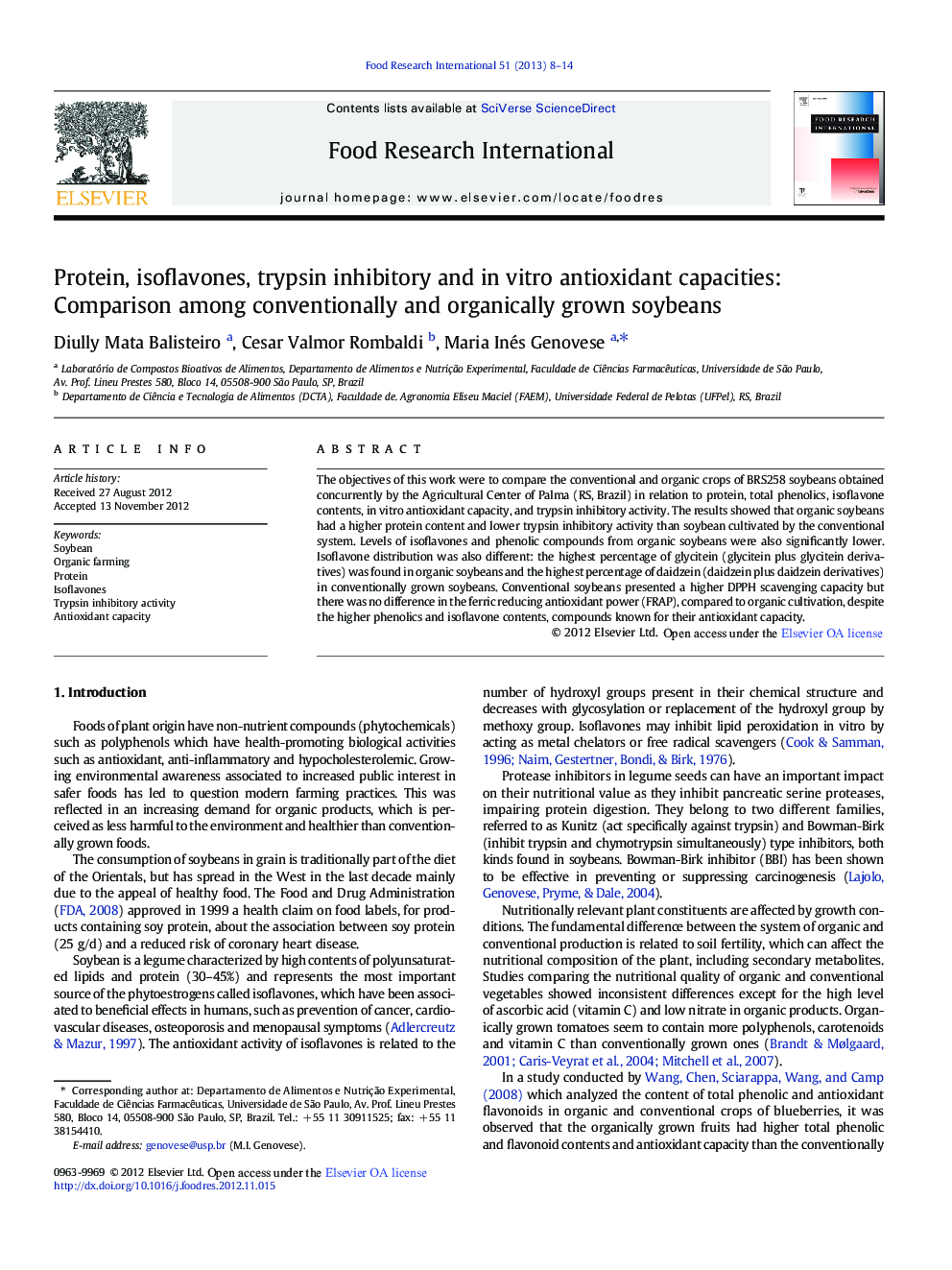 عکس صفحه اول مقاله: Protein, isoflavones, trypsin inhibitory and in vitro antioxidant capacities: Comparison among conventionally and organically grown soybeans Protein, isoflavones, trypsin inhibitory and in vitro antioxidant capacities: Comparison among conventionally and organically grown soybeans