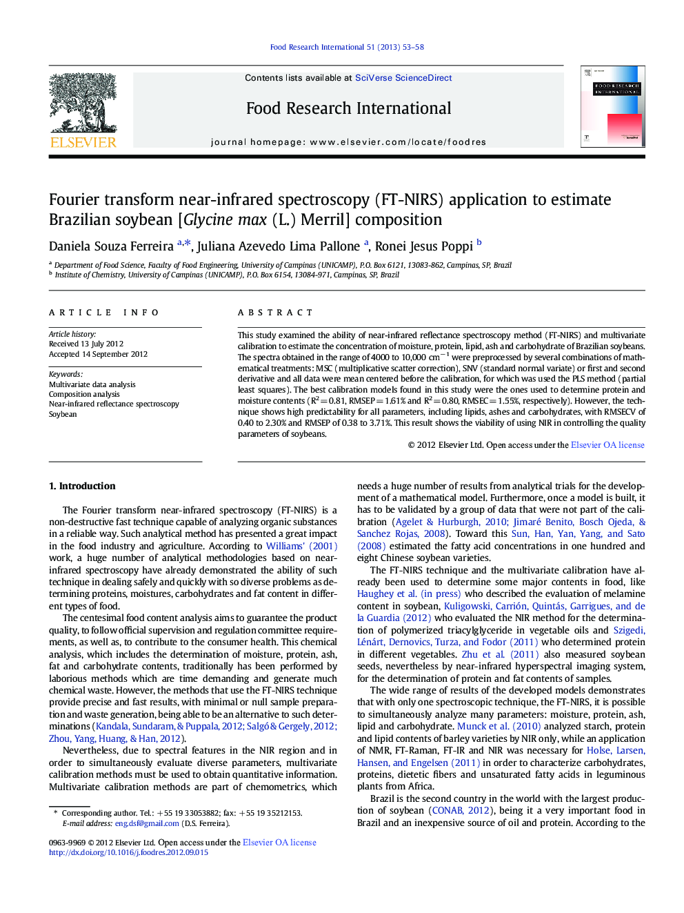 Fourier transform near-infrared spectroscopy (FT-NIRS) application to estimate Brazilian soybean [Glycine max (L.) Merril] composition