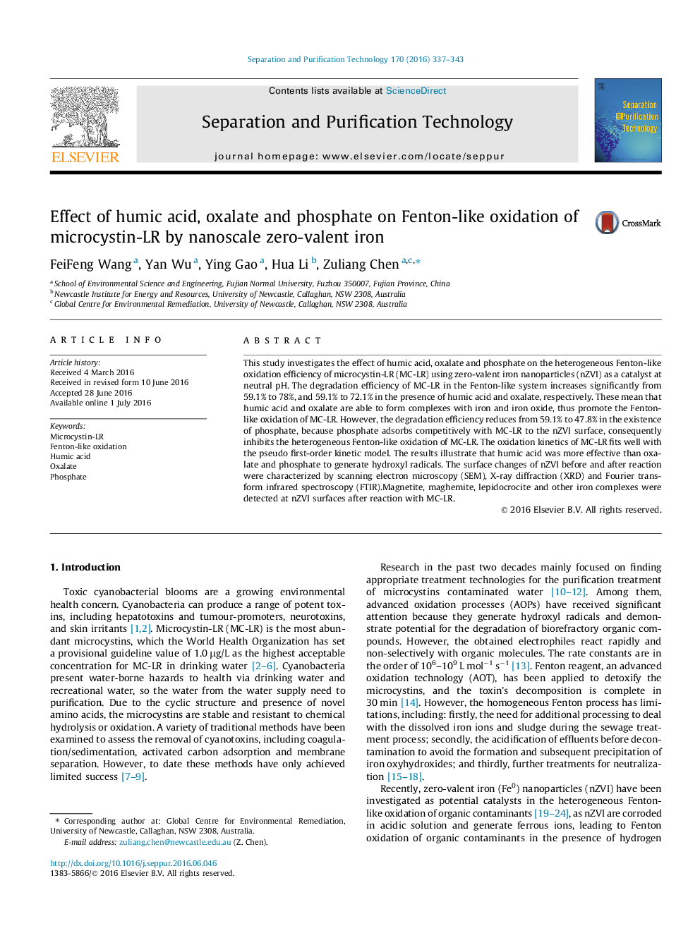 Effect of humic acid, oxalate and phosphate on Fenton-like oxidation of microcystin-LR by nanoscale zero-valent iron