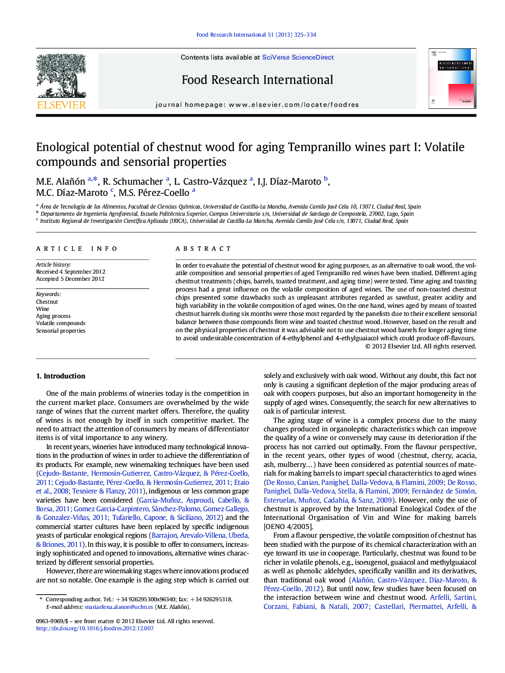 Enological potential of chestnut wood for aging Tempranillo wines part I: Volatile compounds and sensorial properties