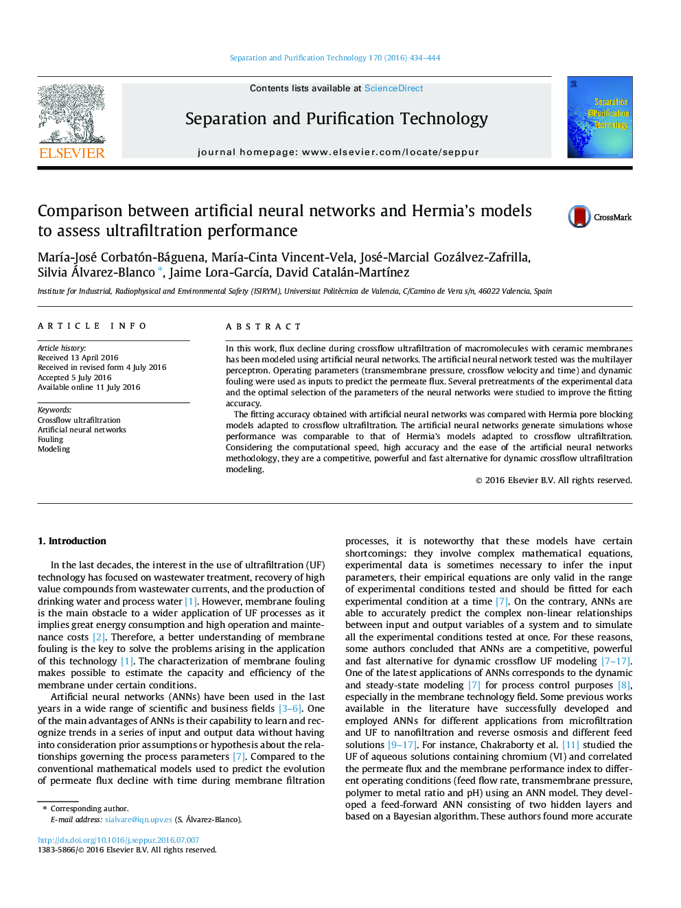 Comparison between artificial neural networks and Hermia’s models to assess ultrafiltration performance