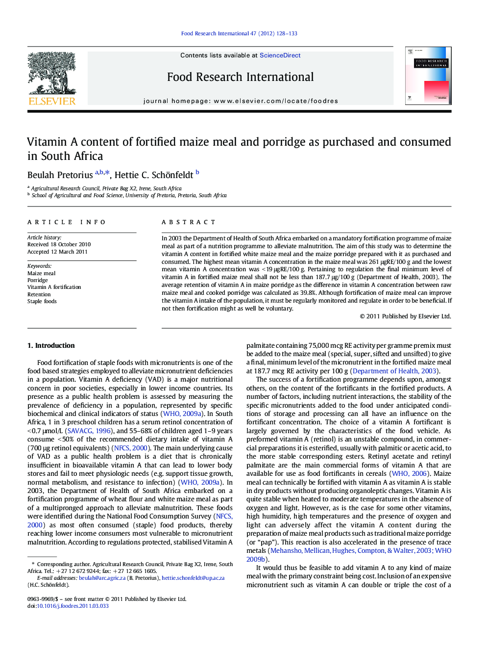 Vitamin A content of fortified maize meal and porridge as purchased and consumed in South Africa