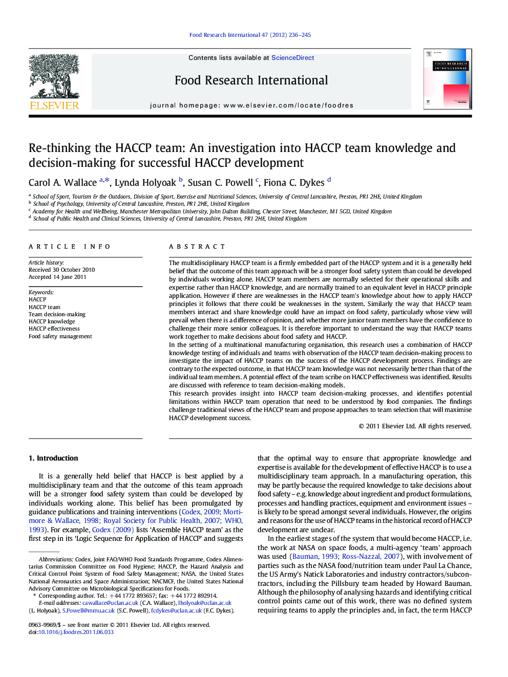 Re-thinking the HACCP team: An investigation into HACCP team knowledge and decision-making for successful HACCP development