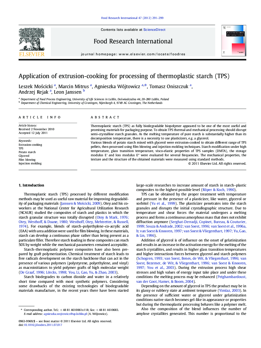 Application of extrusion-cooking for processing of thermoplastic starch (TPS)