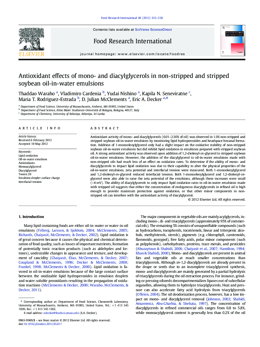 Antioxidant effects of mono- and diacylglycerols in non-stripped and stripped soybean oil-in-water emulsions