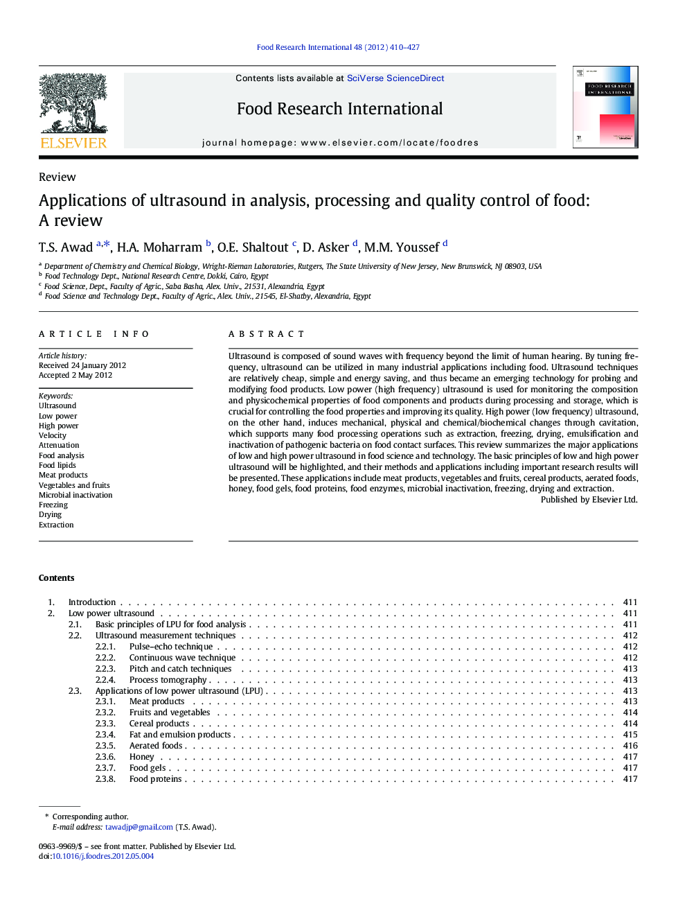 ReviewApplications of ultrasound in analysis, processing and quality control of food: A review