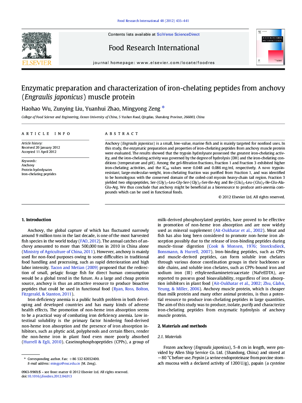 Enzymatic preparation and characterization of iron-chelating peptides from anchovy (Engraulis japonicus) muscle protein