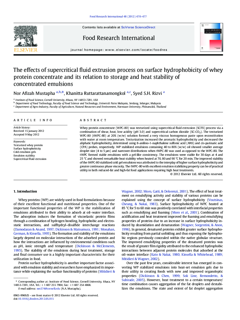 The effects of supercritical fluid extrusion process on surface hydrophobicity of whey protein concentrate and its relation to storage and heat stability of concentrated emulsions