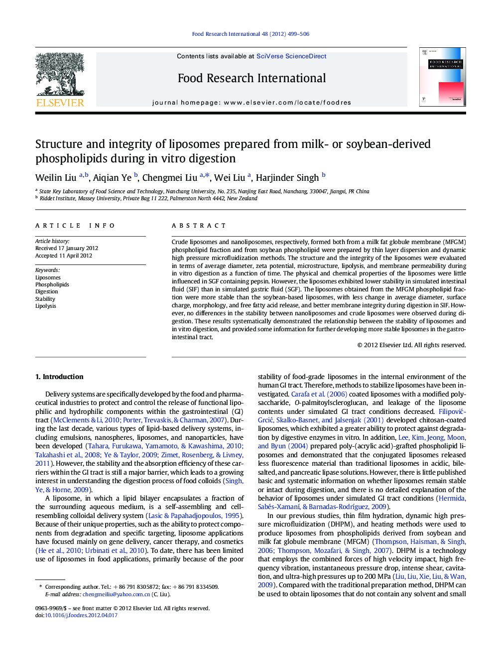 Structure and integrity of liposomes prepared from milk- or soybean-derived phospholipids during in vitro digestion