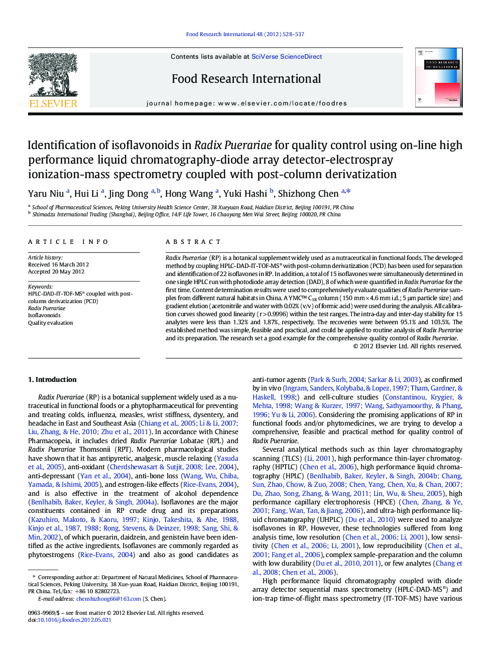 Identification of isoflavonoids in Radix Puerariae for quality control using on-line high performance liquid chromatography-diode array detector-electrospray ionization-mass spectrometry coupled with post-column derivatization