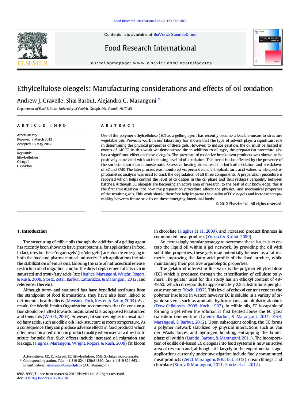 Ethylcellulose oleogels: Manufacturing considerations and effects of oil oxidation