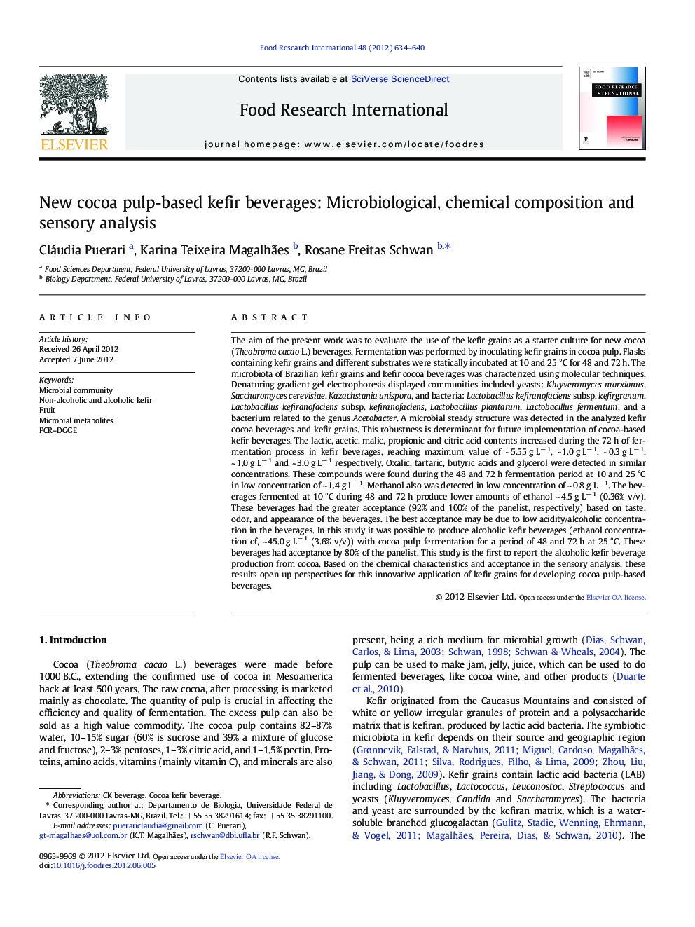 New cocoa pulp-based kefir beverages: Microbiological, chemical composition and sensory analysis