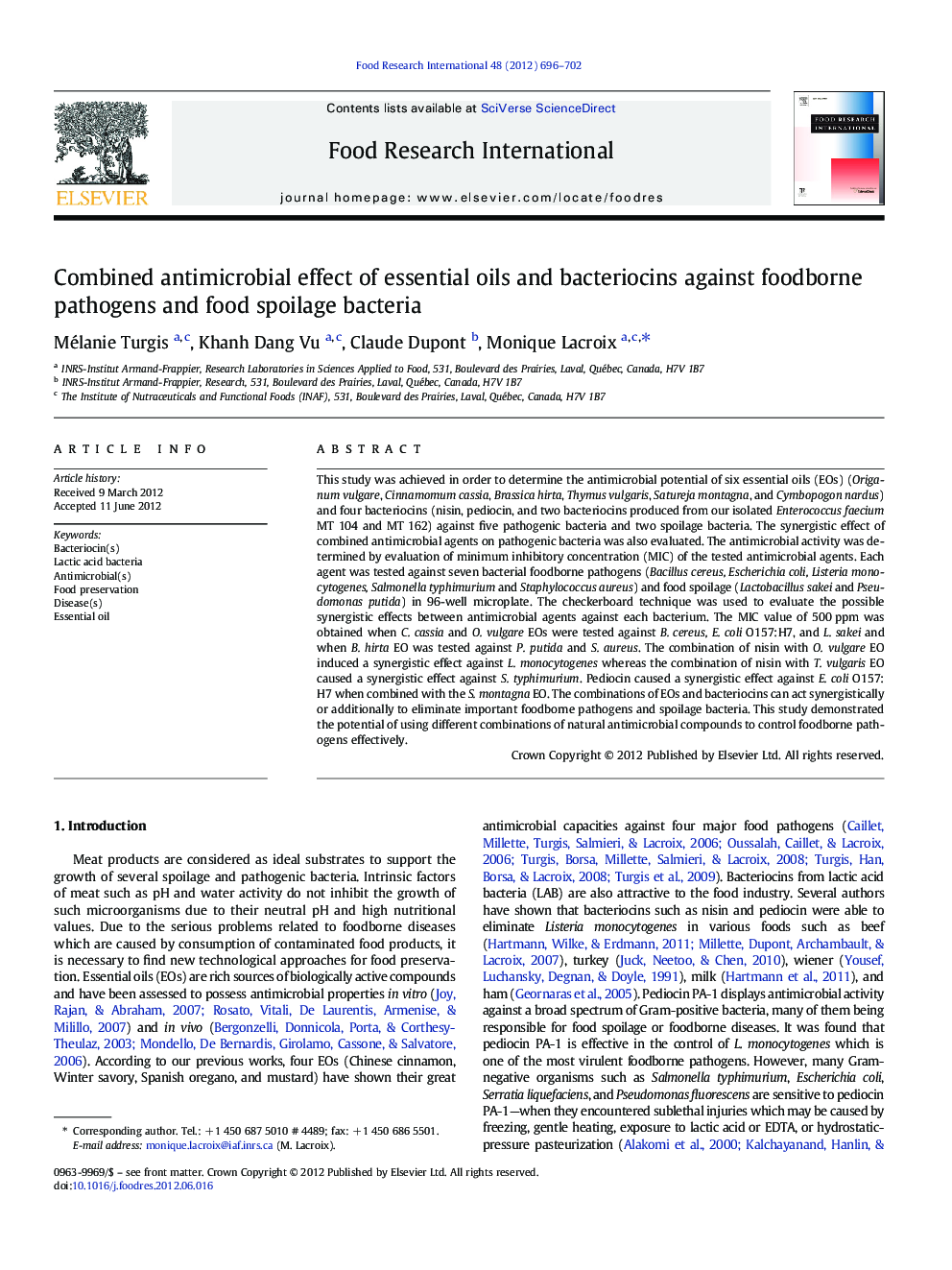 Combined antimicrobial effect of essential oils and bacteriocins against foodborne pathogens and food spoilage bacteria