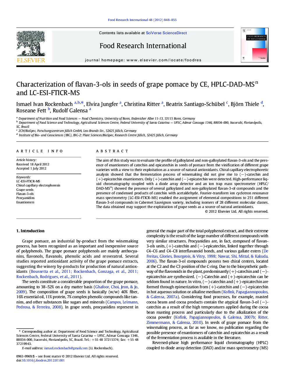 Characterization of flavan-3-ols in seeds of grape pomace by CE, HPLC-DAD-MSn and LC-ESI-FTICR-MS