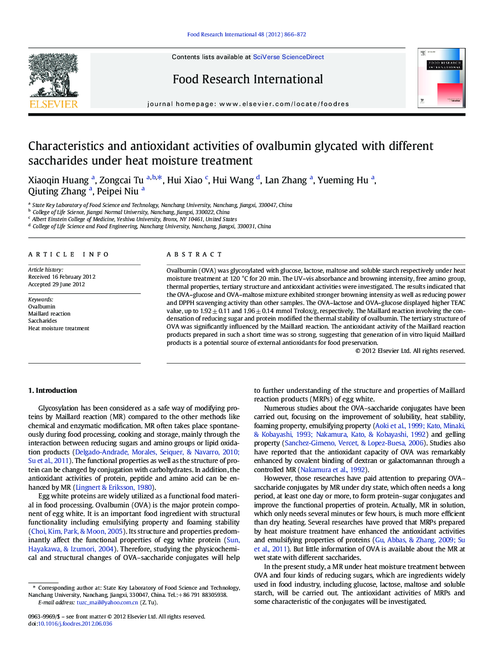 Characteristics and antioxidant activities of ovalbumin glycated with different saccharides under heat moisture treatment