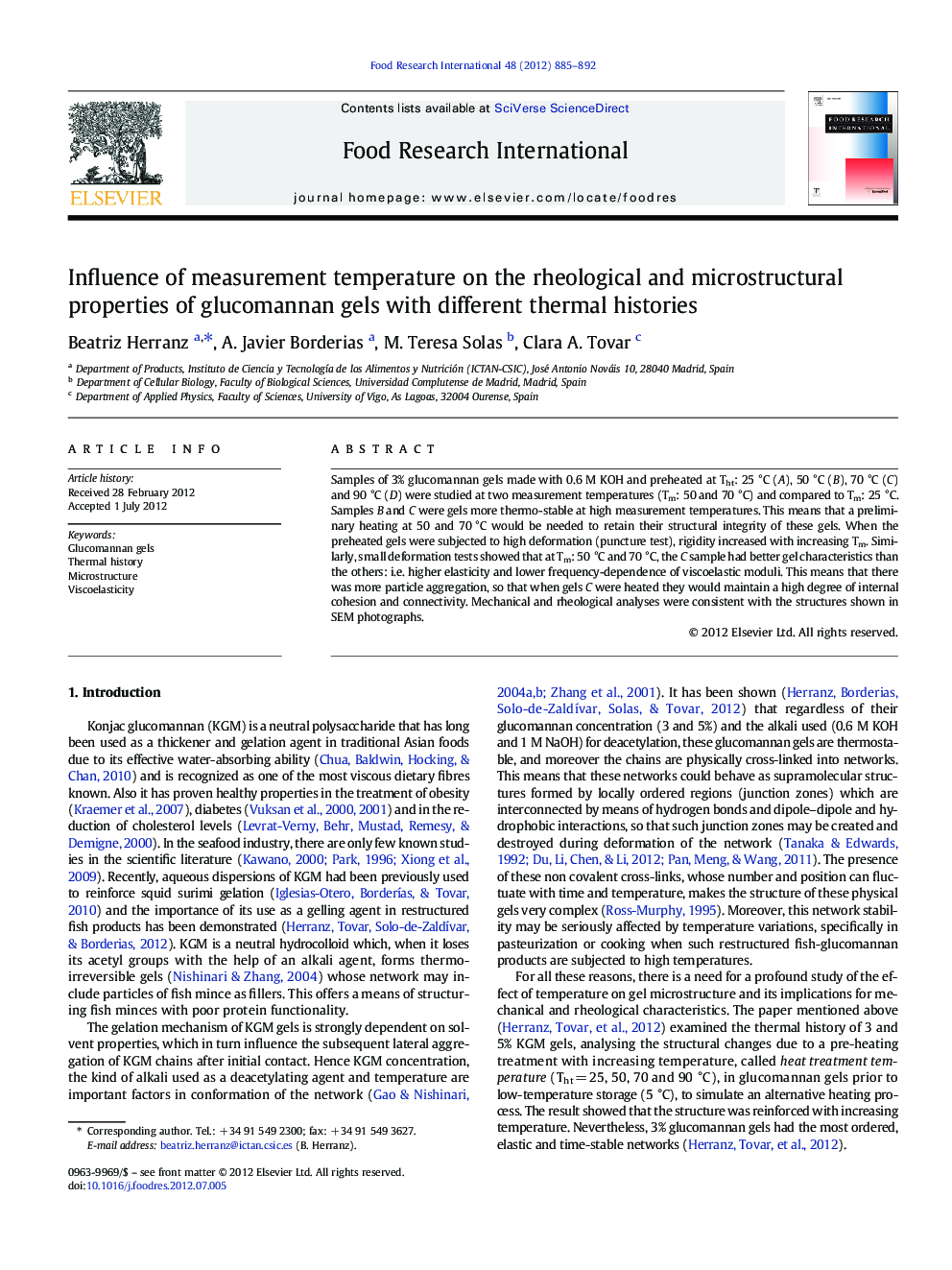 Influence of measurement temperature on the rheological and microstructural properties of glucomannan gels with different thermal histories