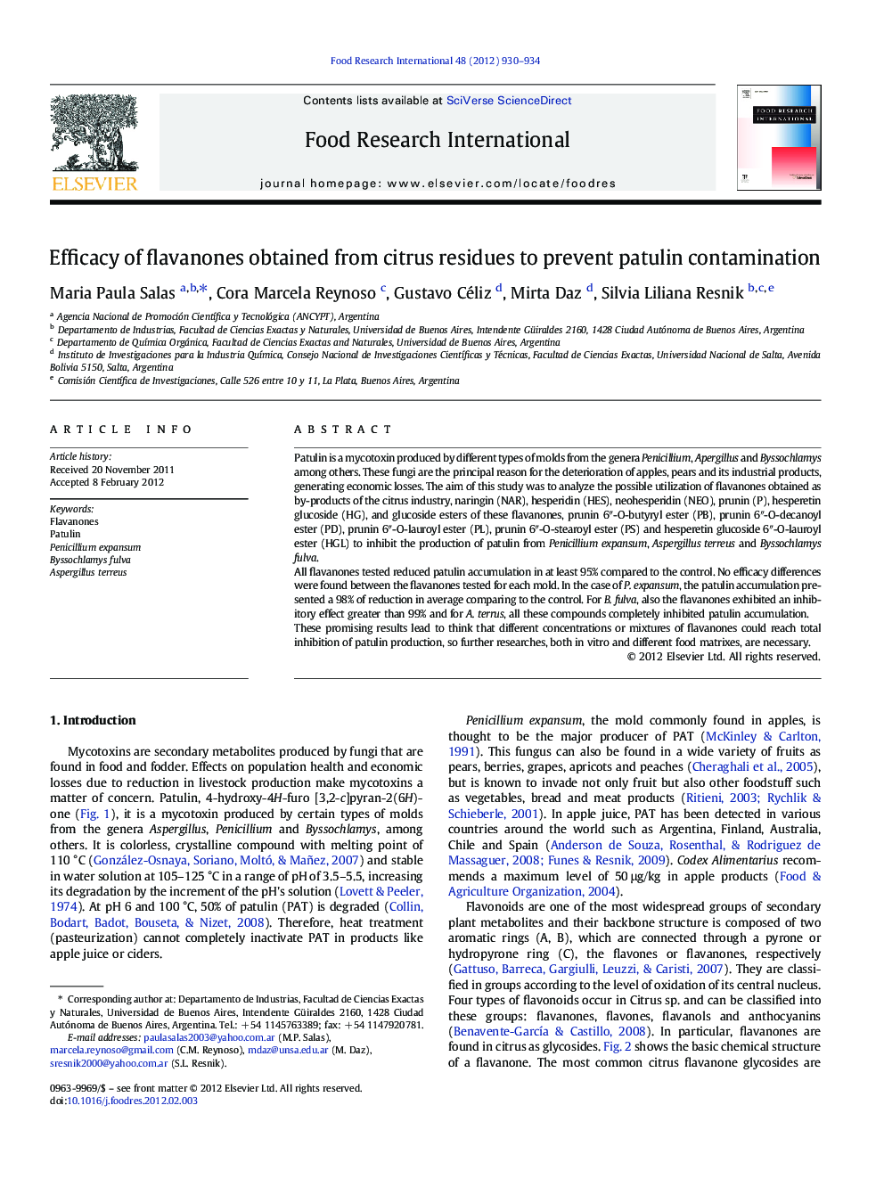 Efficacy of flavanones obtained from citrus residues to prevent patulin contamination