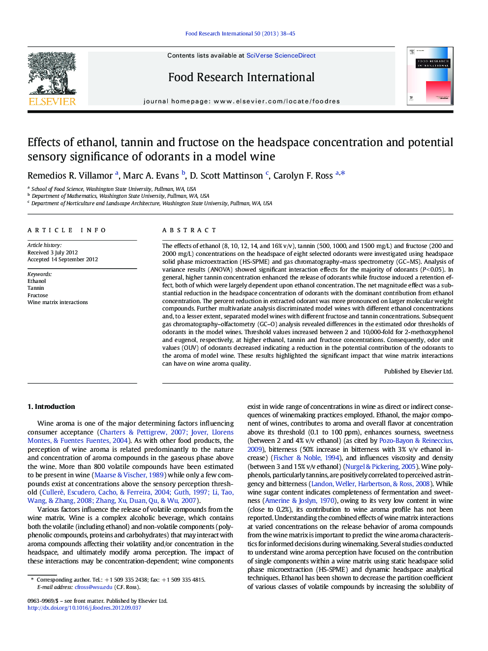 Effects of ethanol, tannin and fructose on the headspace concentration and potential sensory significance of odorants in a model wine