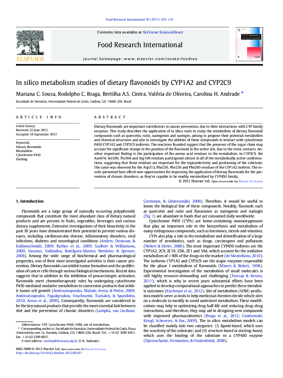 In silico metabolism studies of dietary flavonoids by CYP1A2 and CYP2C9