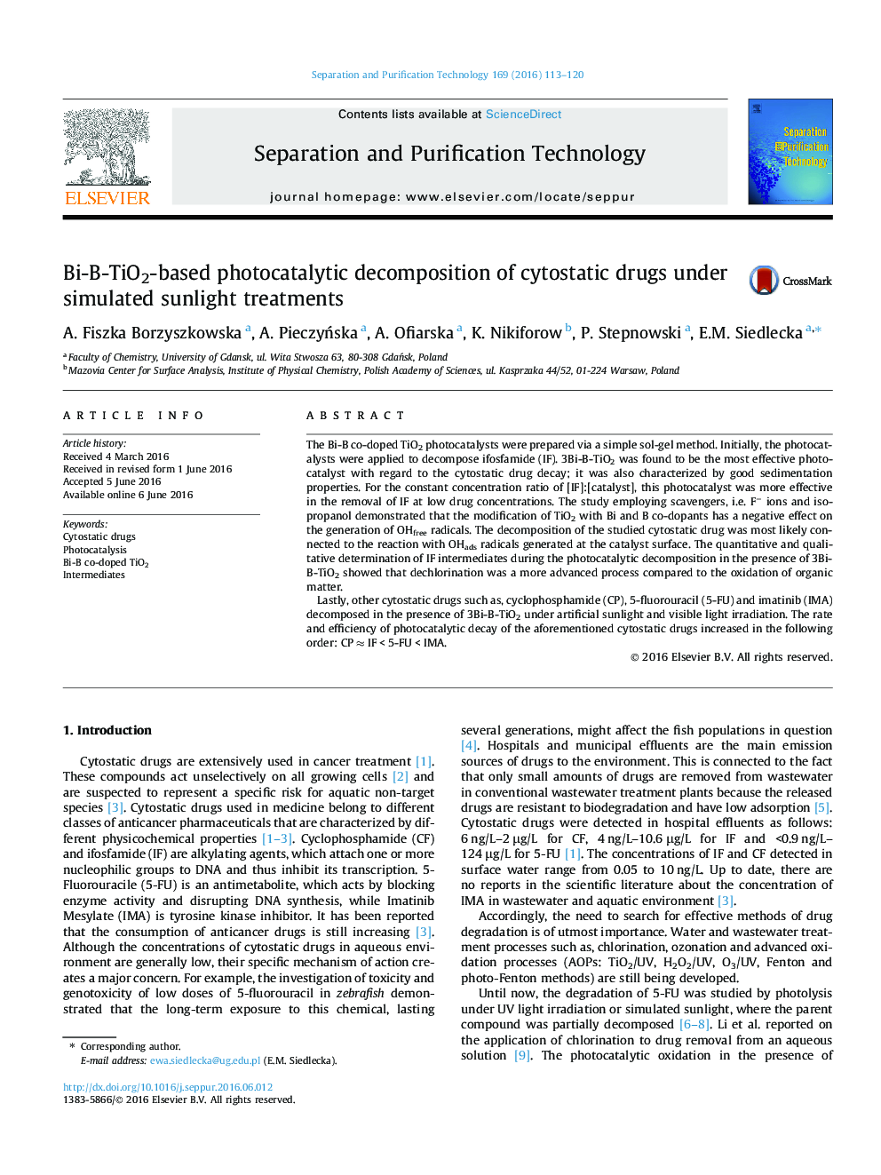 Bi-B-TiO2-based photocatalytic decomposition of cytostatic drugs under simulated sunlight treatments