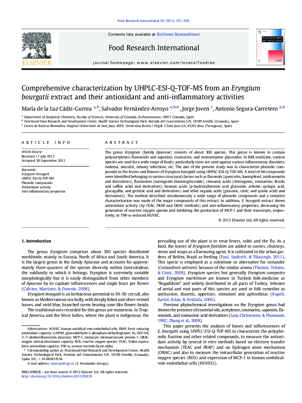 Comprehensive characterization by UHPLC-ESI-Q-TOF-MS from an Eryngium bourgatii extract and their antioxidant and anti-inflammatory activities