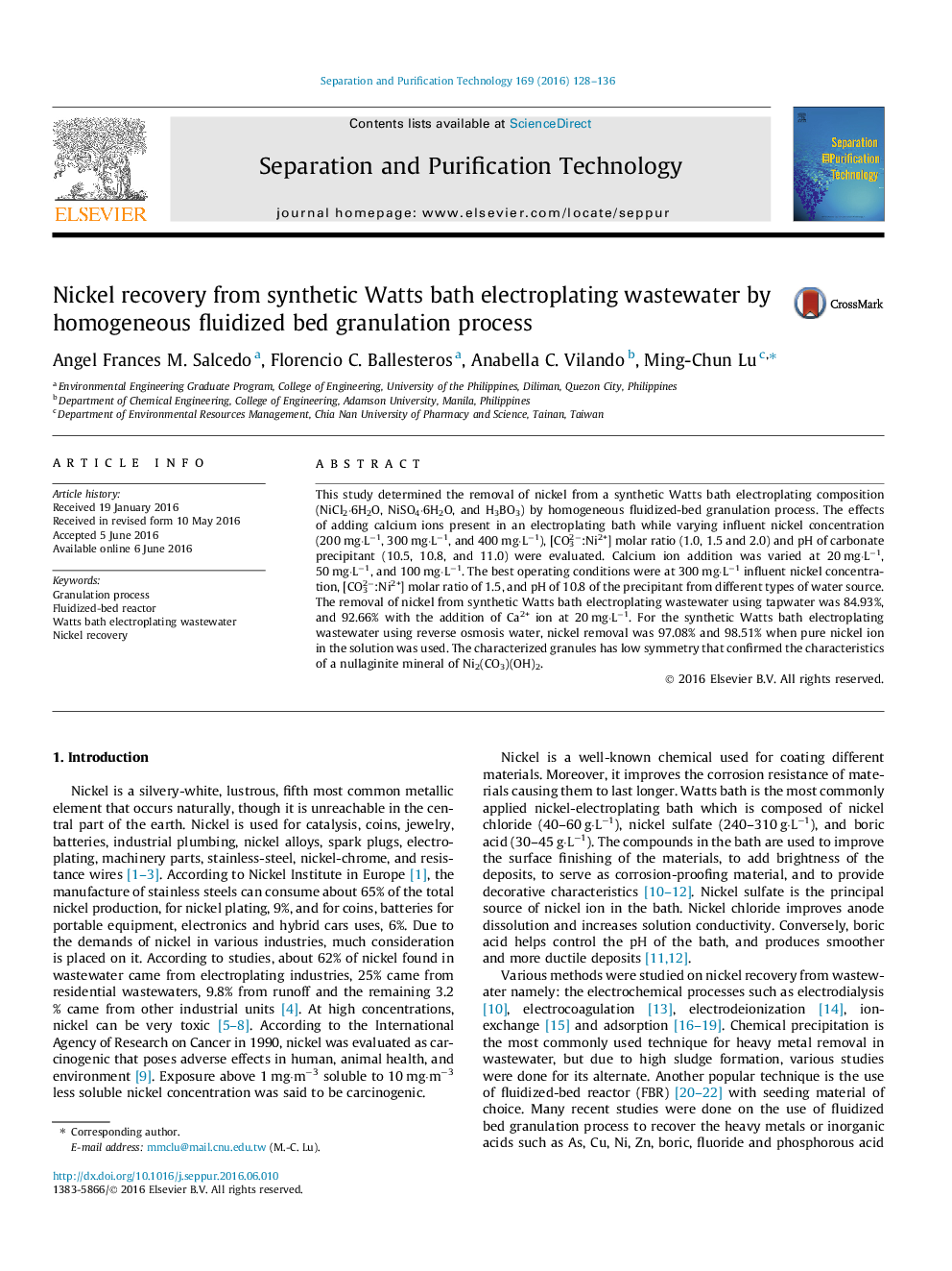 Nickel recovery from synthetic Watts bath electroplating wastewater by homogeneous fluidized bed granulation process