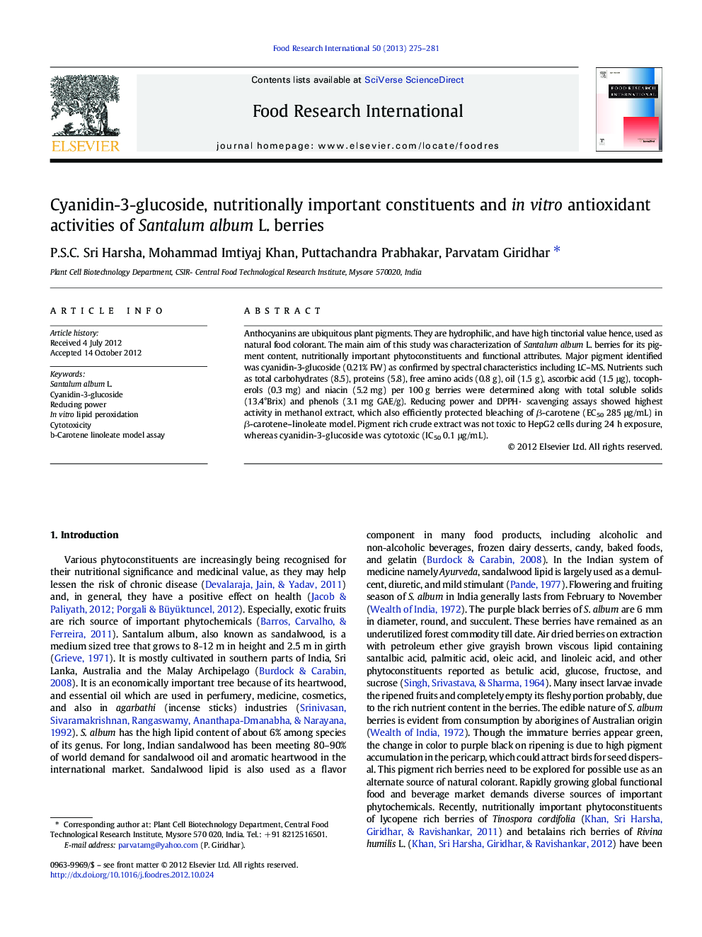 Cyanidin-3-glucoside, nutritionally important constituents and in vitro antioxidant activities of Santalum album L. berries