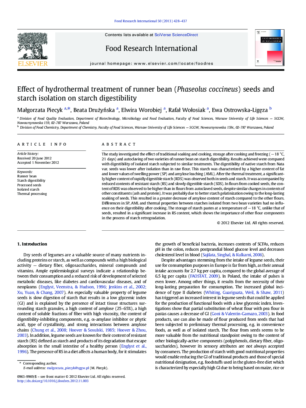 Effect of hydrothermal treatment of runner bean (Phaseolus coccineus) seeds and starch isolation on starch digestibility