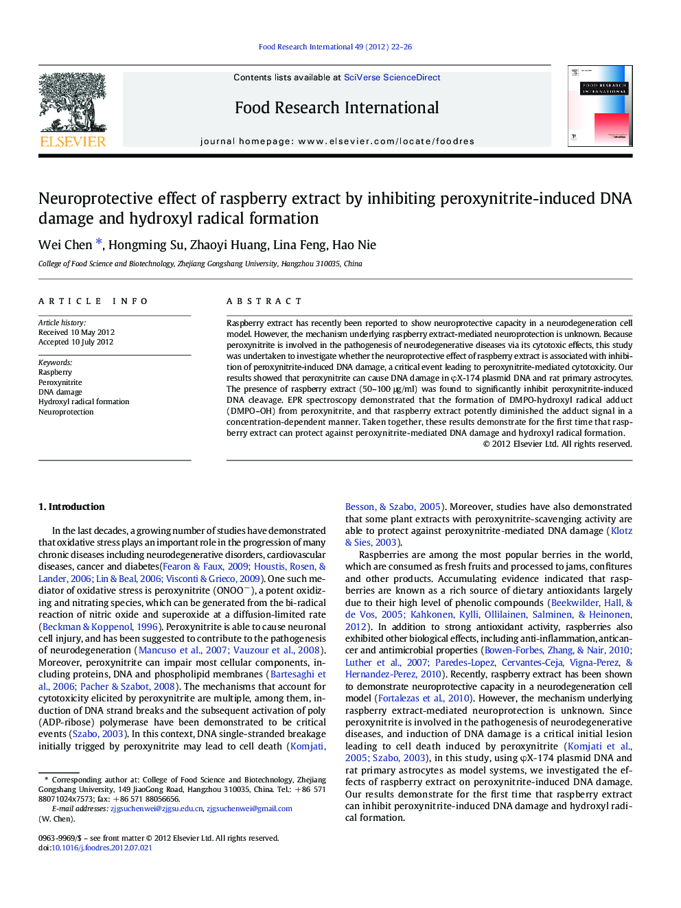 عکس صفحه اول مقاله: Neuroprotective effect of raspberry extract by inhibiting peroxynitrite-induced DNA damage and hydroxyl radical formation Neuroprotective effect of raspberry extract by inhibiting peroxynitrite-induced DNA damage and hydroxyl radical formation
