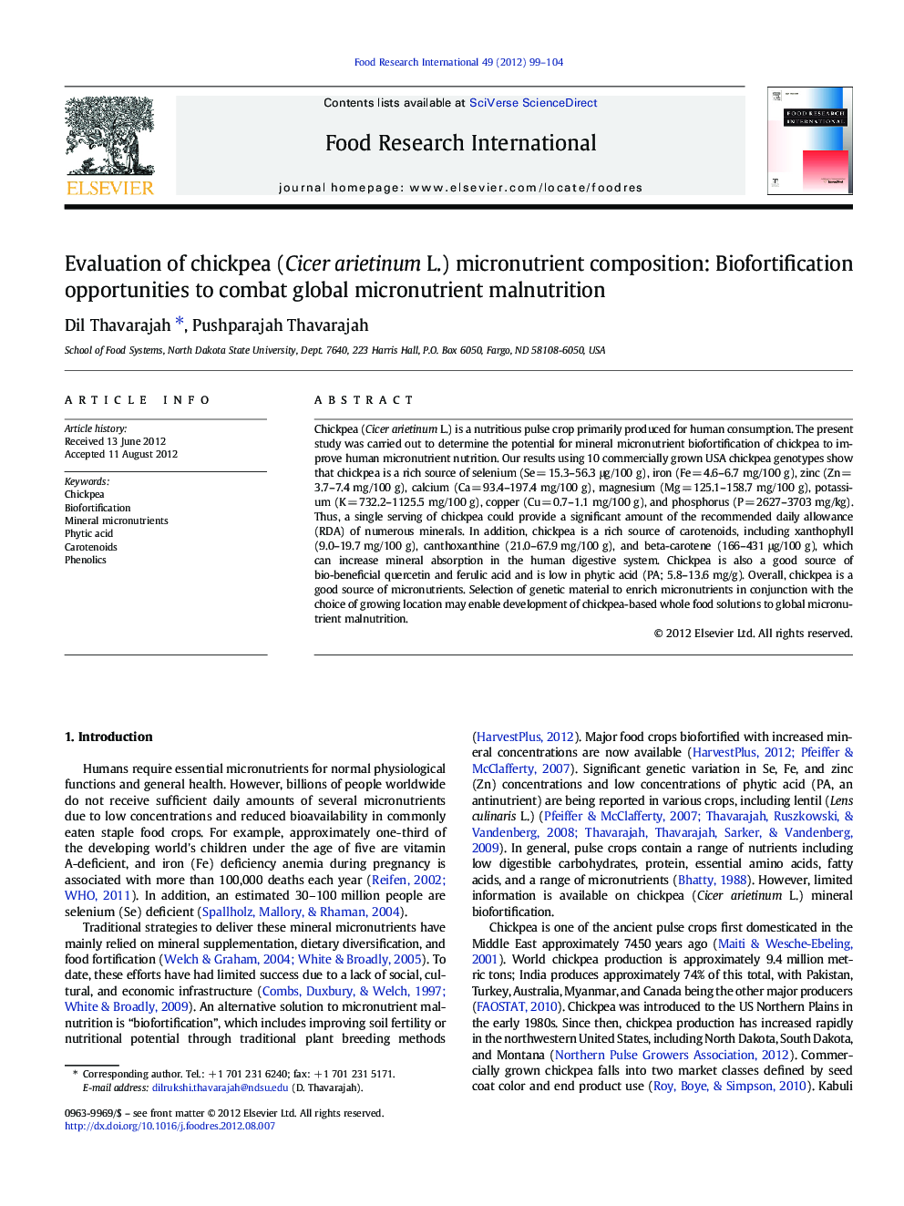 Evaluation of chickpea (Cicer arietinum L.) micronutrient composition: Biofortification opportunities to combat global micronutrient malnutrition